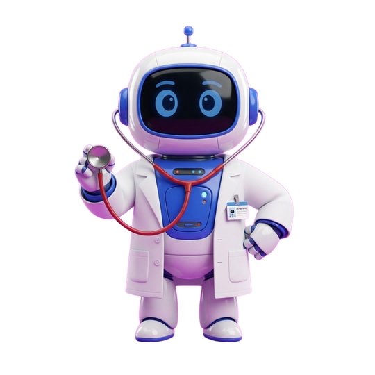 Dr. MediByte — the friendly robot doctor mascot, waving with a stethoscope