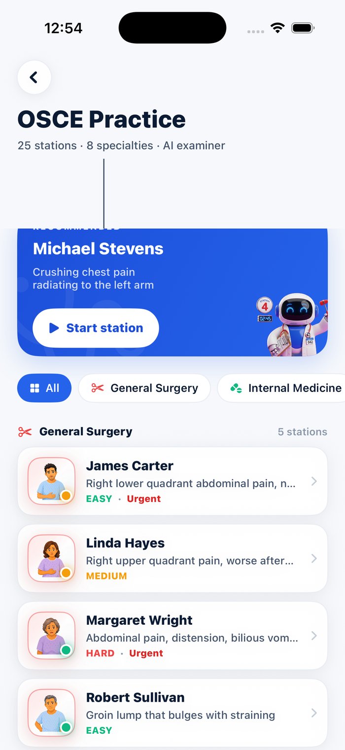 MediByte OSCE Practice — 25 stations across 8 specialties with AI patient simulations and an AI examiner
